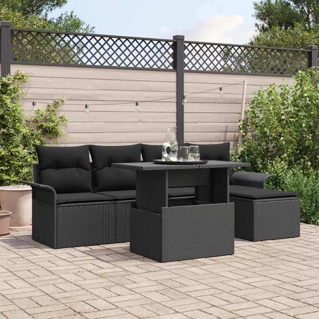Gartensofa-set mit Kissen 6 pcs Schwarz Poly-Rattan