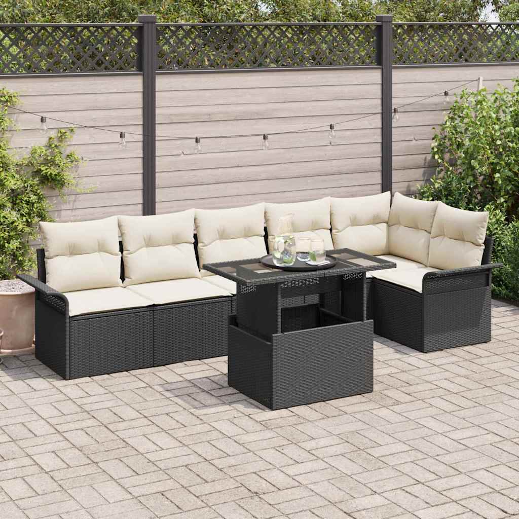 Gartensofa-set mit Kissen 7 pcs Schwarz Poly-Rattan