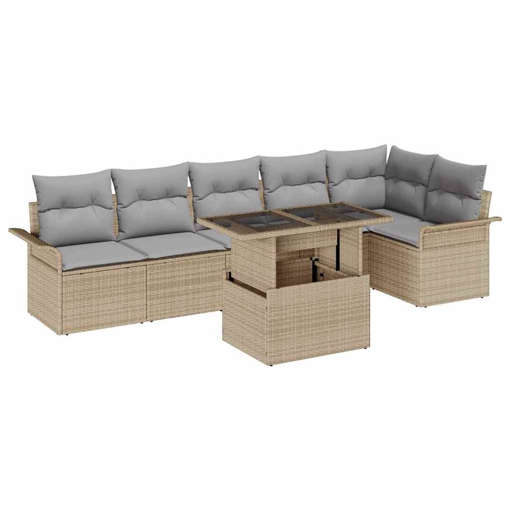 Gartensofa-set mit Kissen 7 pcs Beige Poly-Rattan