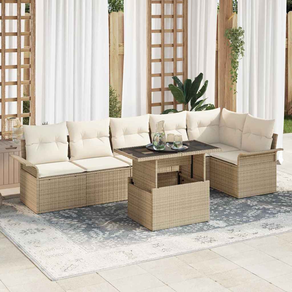 Gartensofa-set mit Kissen 7 pcs Beige Poly-Rattan