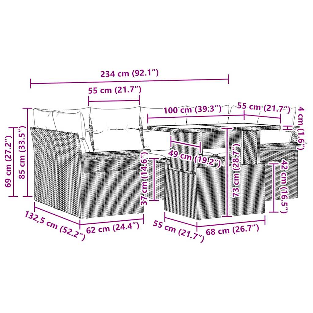 Gartensofa-set mit Kissen 7 pcs Schwarz Poly-Rattan