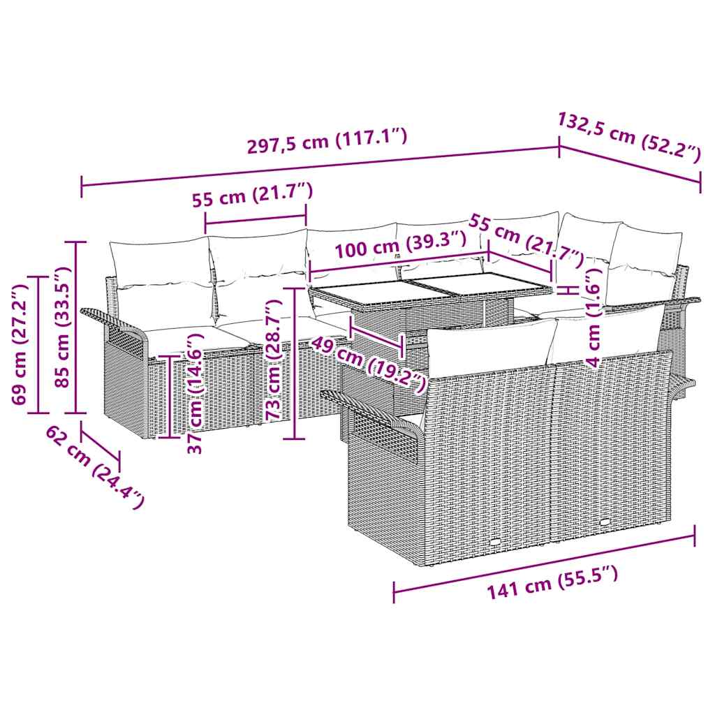 Gartensofa-set mit Kissen 9 pcs Hellgrau Poly-Rattan