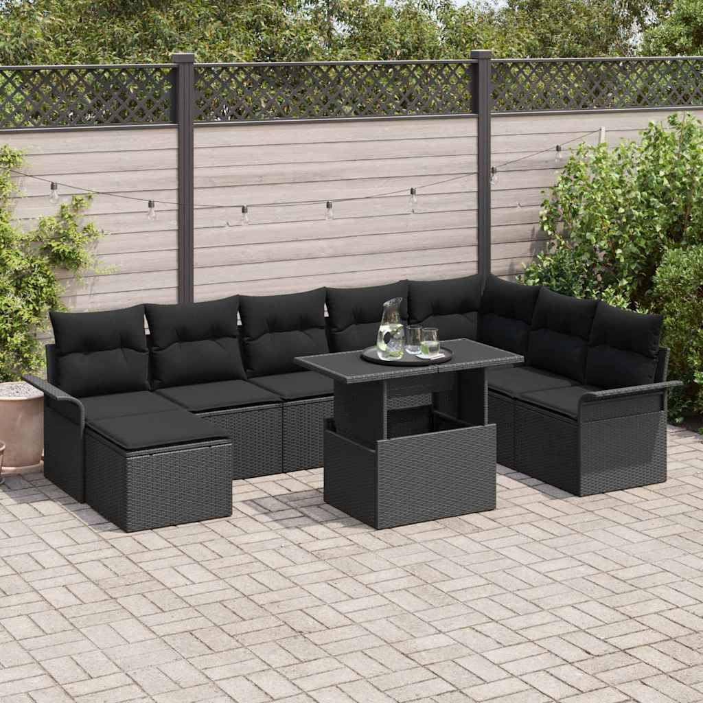Sofa Set mit Kissen 9 pcs Schwarz Poly-Rattan