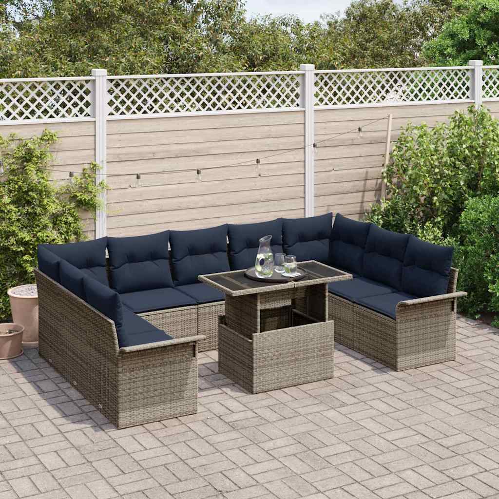 Sofa Set mit Kissen 10 pcs Grau Poly-Rattan