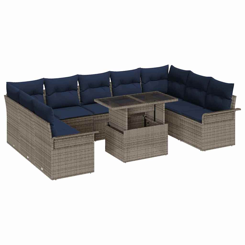 Sofa Set mit Kissen 10 pcs Grau Poly-Rattan