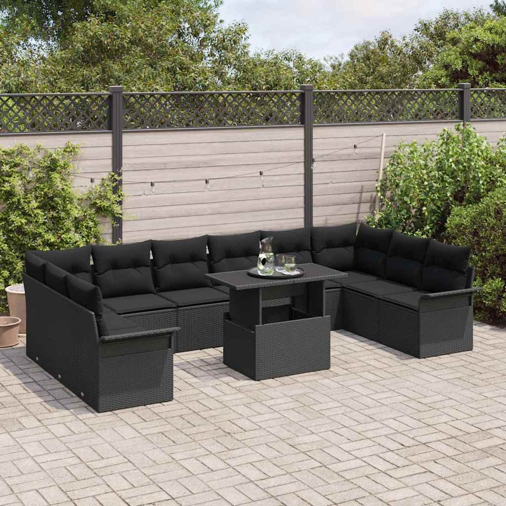 Sofa Set mit Kissen 11 pcs Schwarz Poly-Rattan