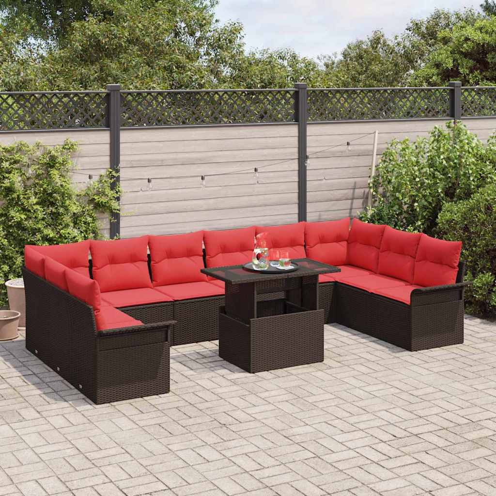Sofa Set mit Kissen 11 pcs Braun Poly-Rattan