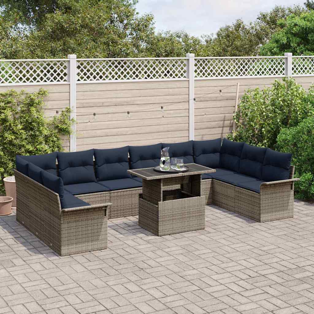 Sofa Set mit Kissen 11 pcs Grau Poly-Rattan