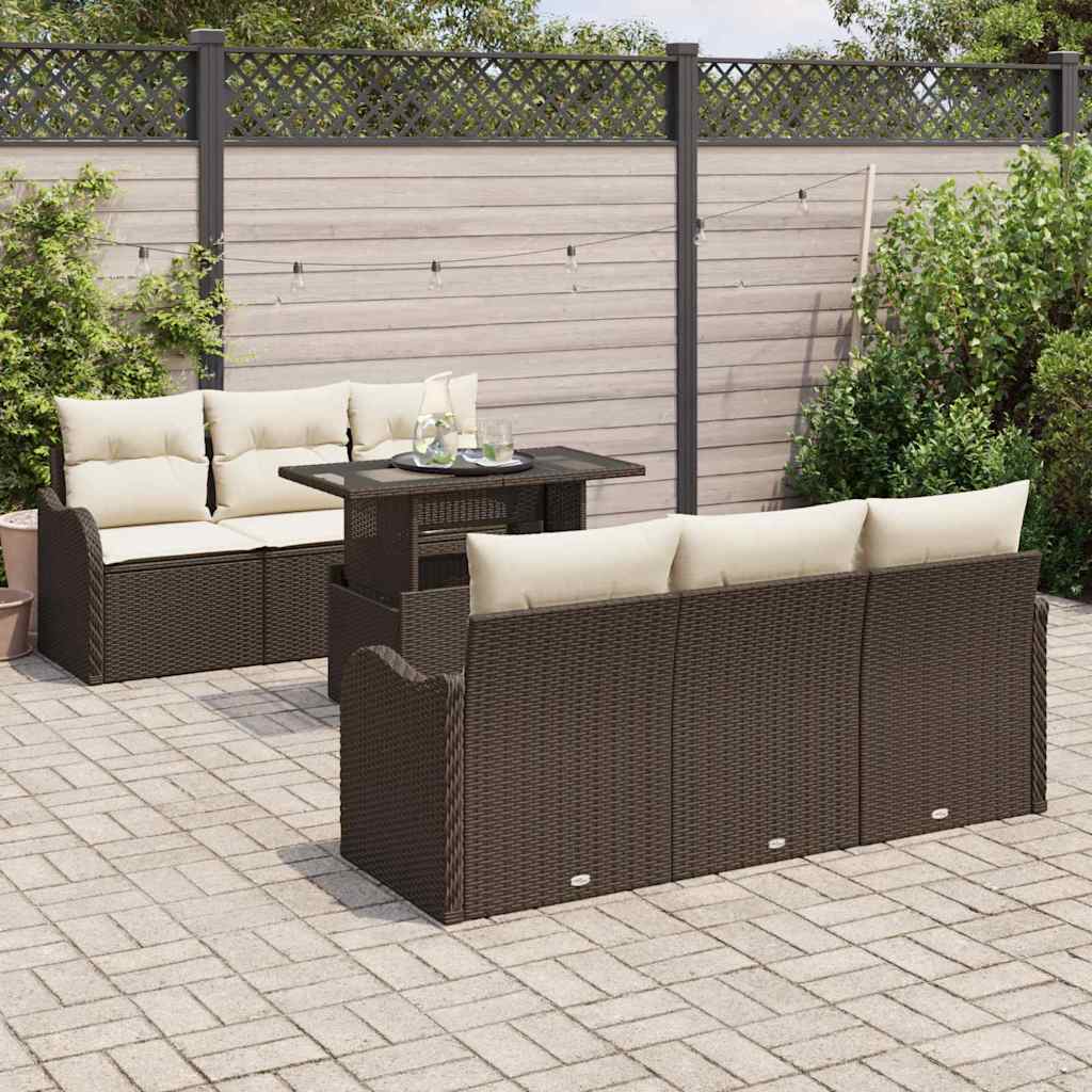 Gartensofa-set mit Kissen 7 pcs Braun und Creme Poly-Rattan