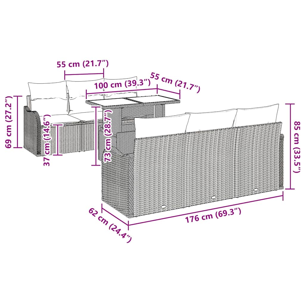 Gartensofa-set mit Kissen 7 pcs Braun und Creme Poly-Rattan
