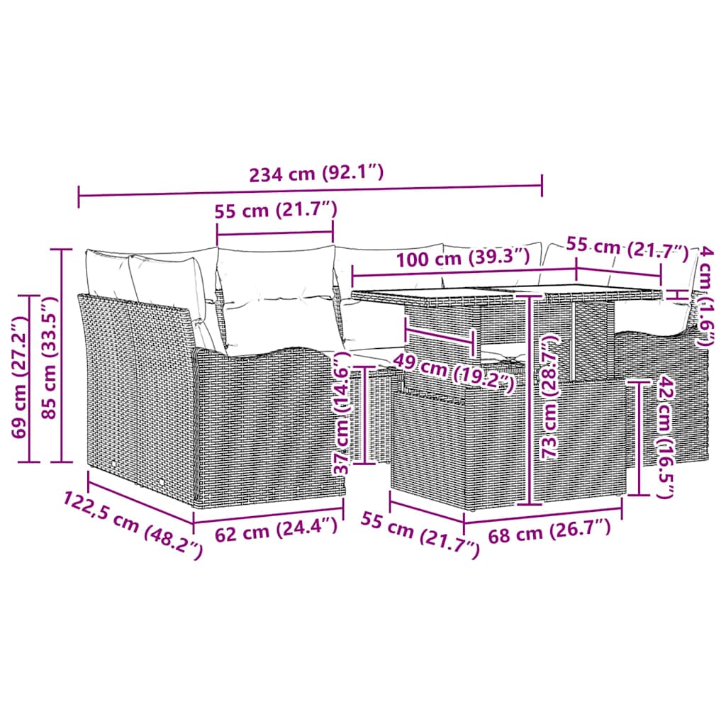 Gartensofa-set mit Kissen 7 pcs Hellgrau und Grau Poly-Rattan