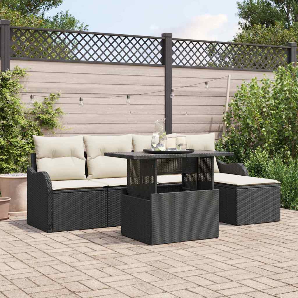 Sitzgruppe für den Outdoor mit Kissen 6 pcs Schwarz Poly Rattan