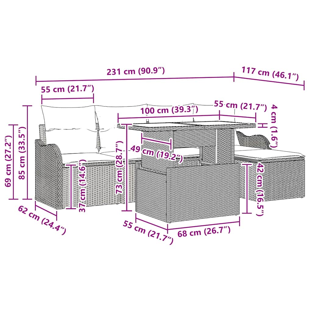Sitzgruppe für den Outdoor mit Kissen 6 pcs Beige Poly Rattan