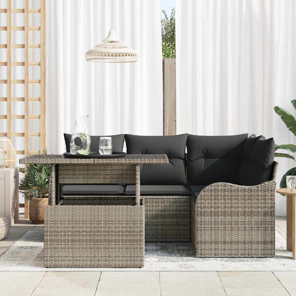 Outdoortisch-Set mit Kissen 5 pcs Grau Poly Rattan