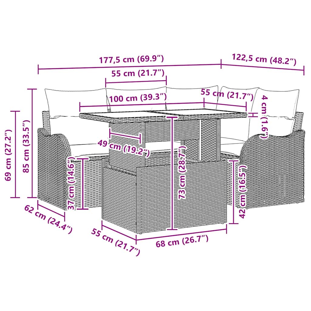 Outdoortisch-Set mit Kissen 5 pcs Hellgrau Poly Rattan
