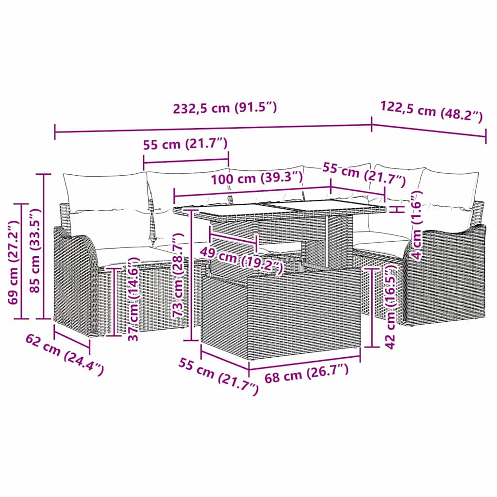 Essgruppe mit Kissen 6 pcs Braun Poly Rattan