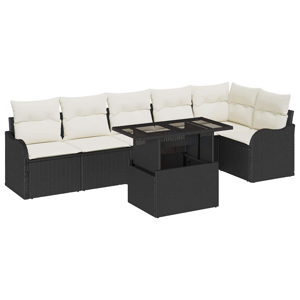 Sofa Set mit Kissen 7 pcs Schwarz Poly Rattan