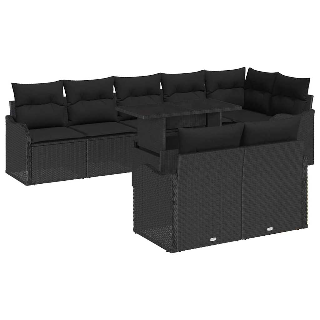 Lounge-Set mit Kissen 9 pcs Schwarz Poly Rattan