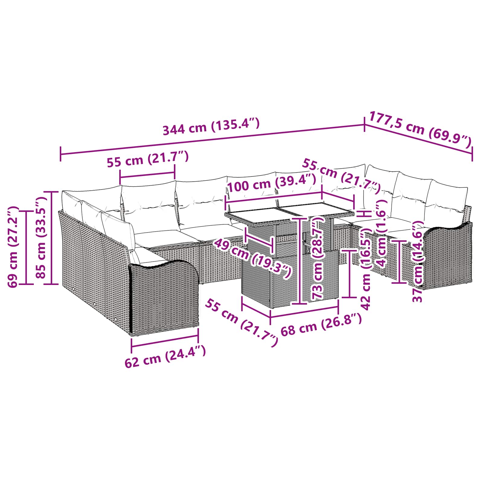 Garten-Sofa-Set mit Kissen 11 pcs Braun Poly Rattan