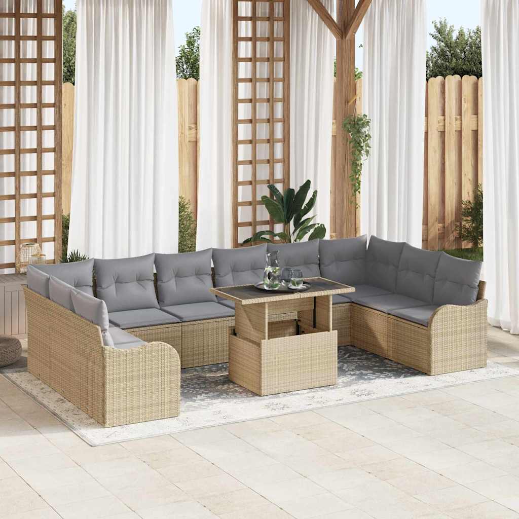Garten-Sofa-Set mit Kissen 11 pcs Beige Poly Rattan