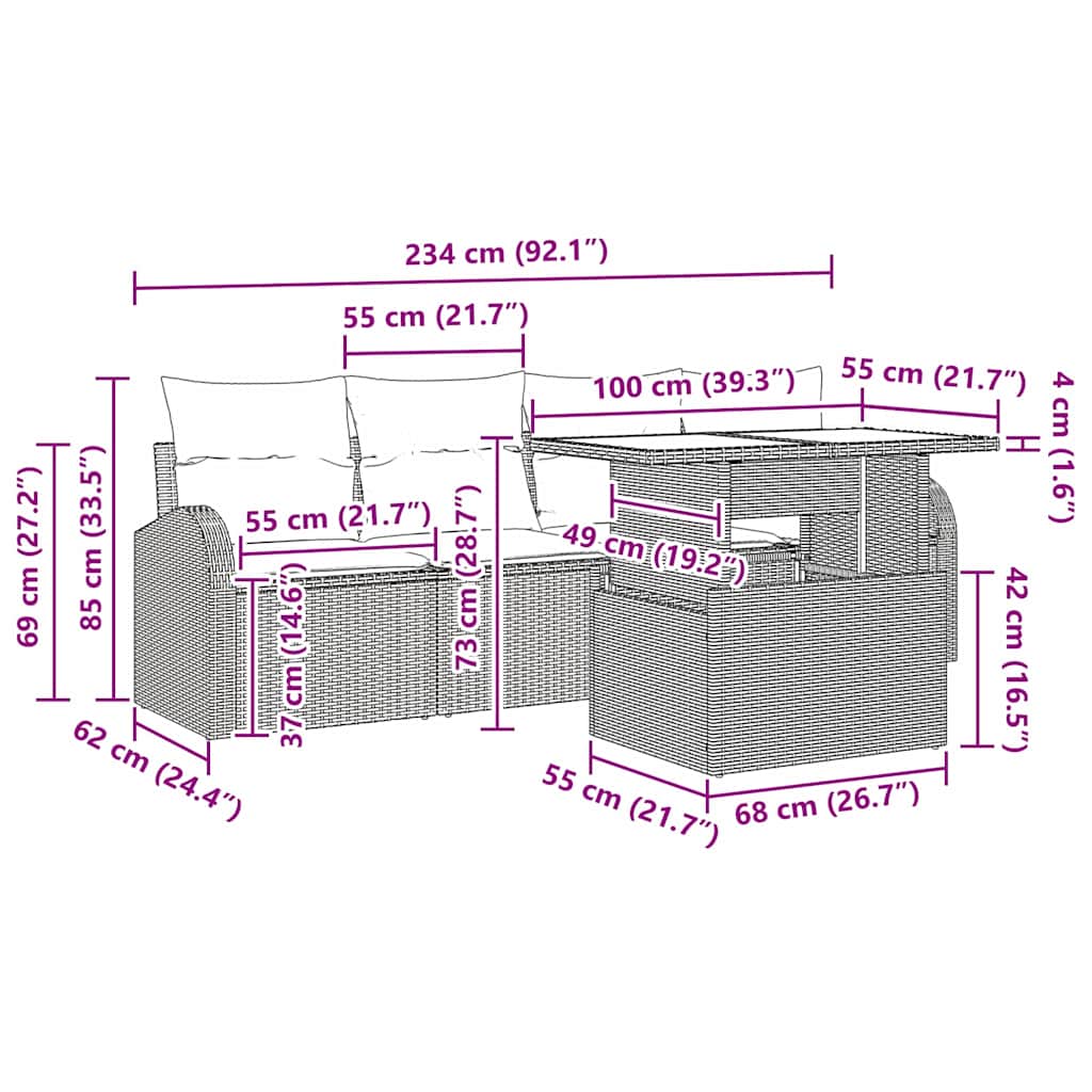 Gartensofa-set mit Kissen 5 pcs Hellgrau Poly-Rattan