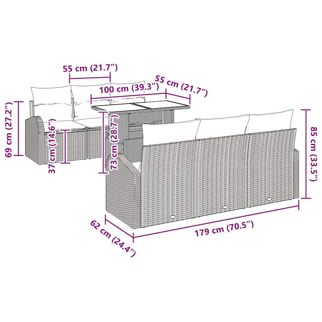 Gartensofa-set mit Kissen 7 pcs Grau Poly Rattan