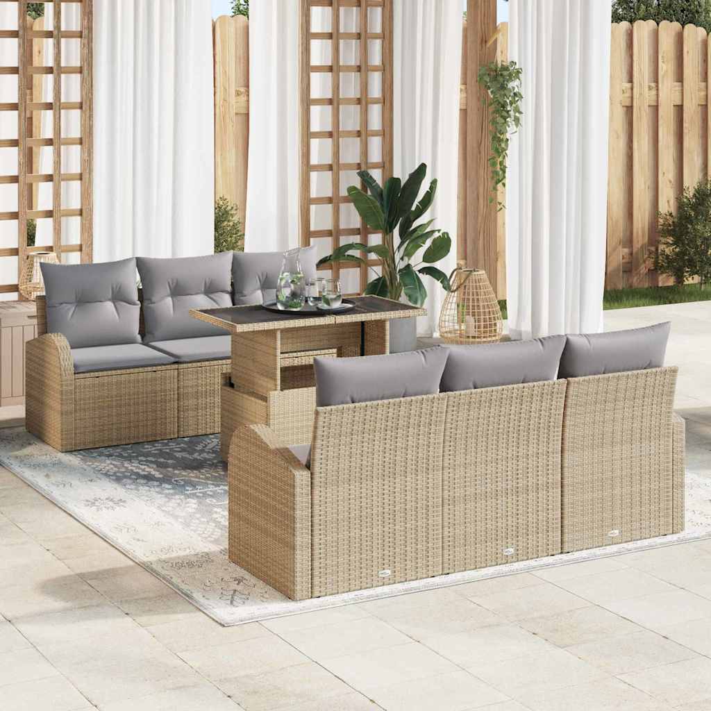Gartensofa-set mit Kissen 7 pcs Beige Poly Rattan