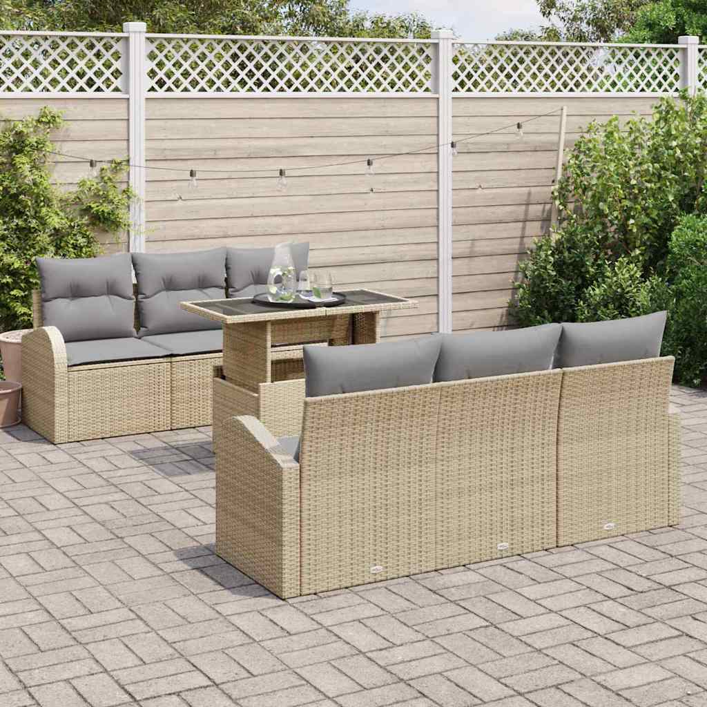 Gartensofa-set mit Kissen 7 pcs Beige Poly Rattan