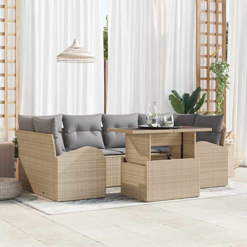 Gartensofa-set mit Kissen 7 pcs Beige Poly Rattan