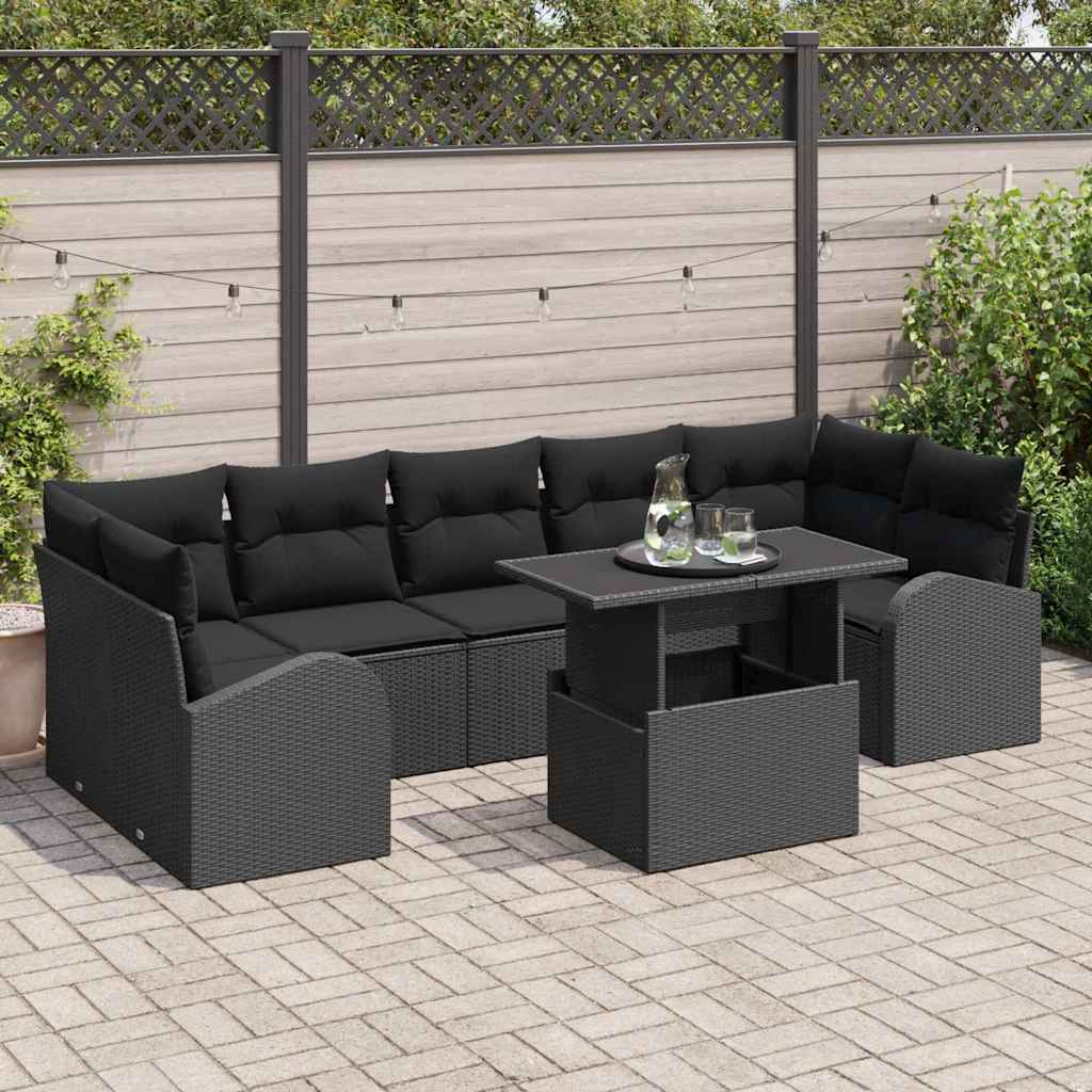 Garten-Sofa-Set mit Kissen 8 pcs Schwarz Poly Rattan