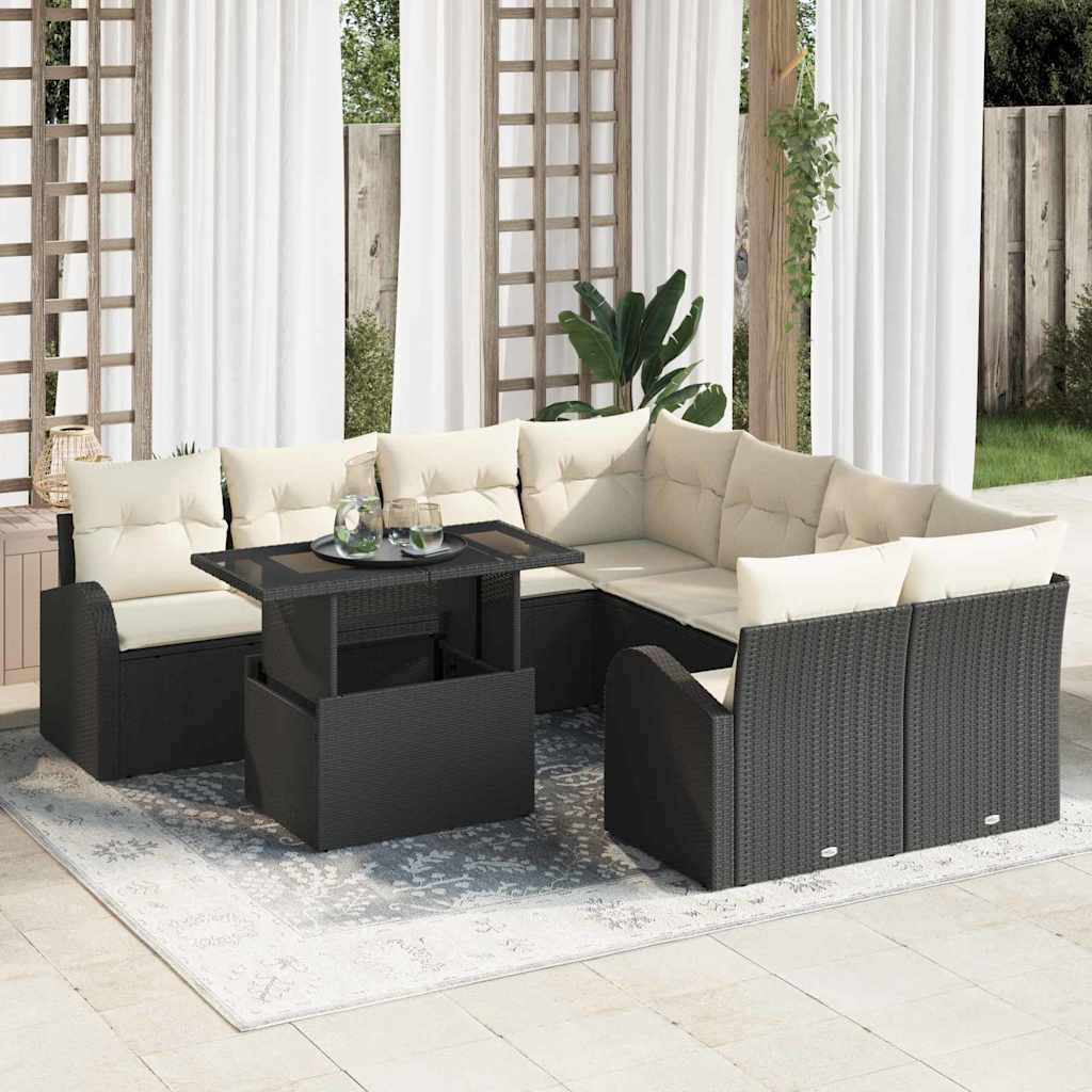 Gartensofa-set mit Speicher 9 pcs Schwarz Poly-Rattan