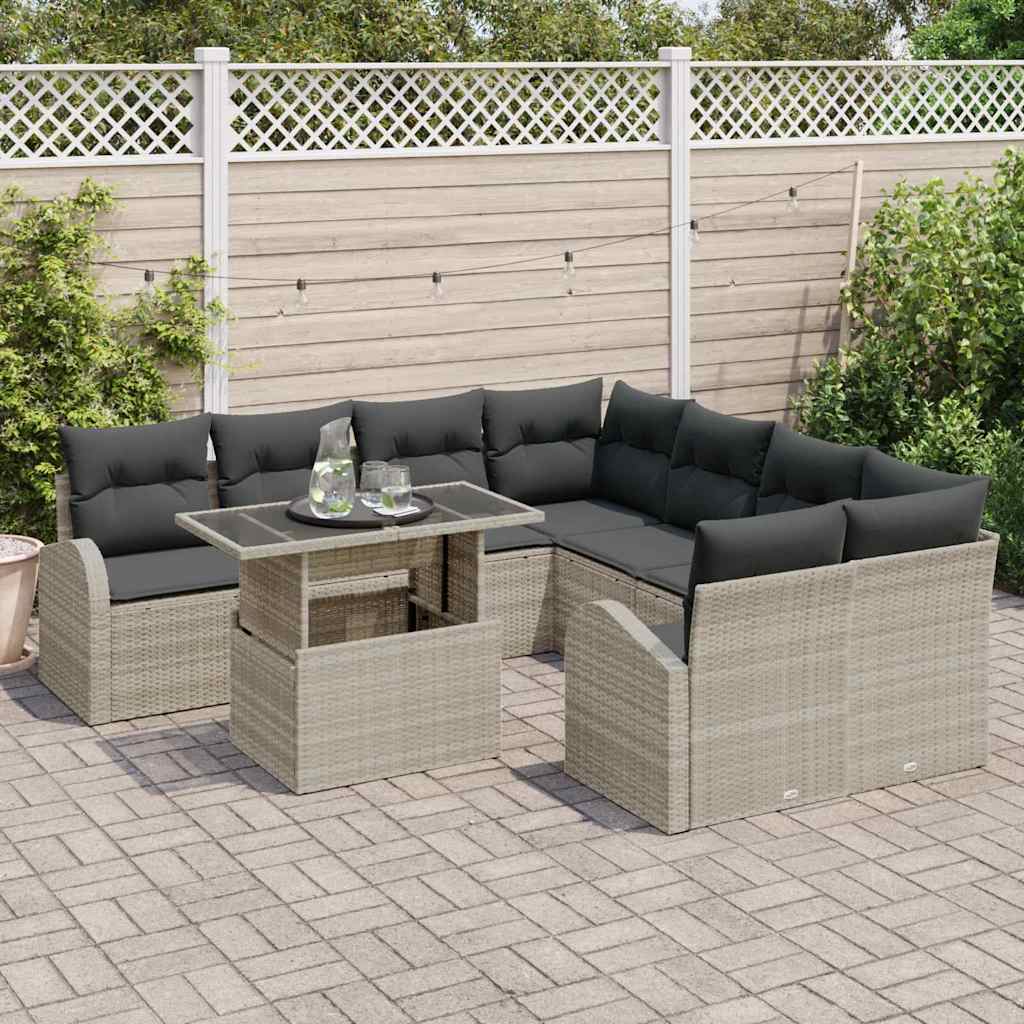 Gartensofa-set mit Speicher 9 pcs Hellgrau Poly-Rattan