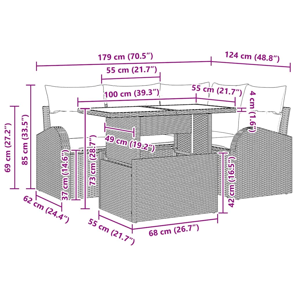 Garten-Sofa-Set mit Kissen 5 pcs Hellgrau Poly Rattan