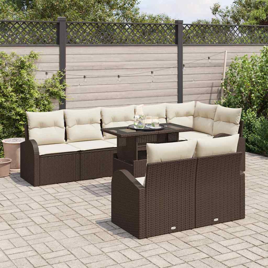 Gartensofa-set mit Speicher 9 pcs Braun und Creme Poly-Rattan