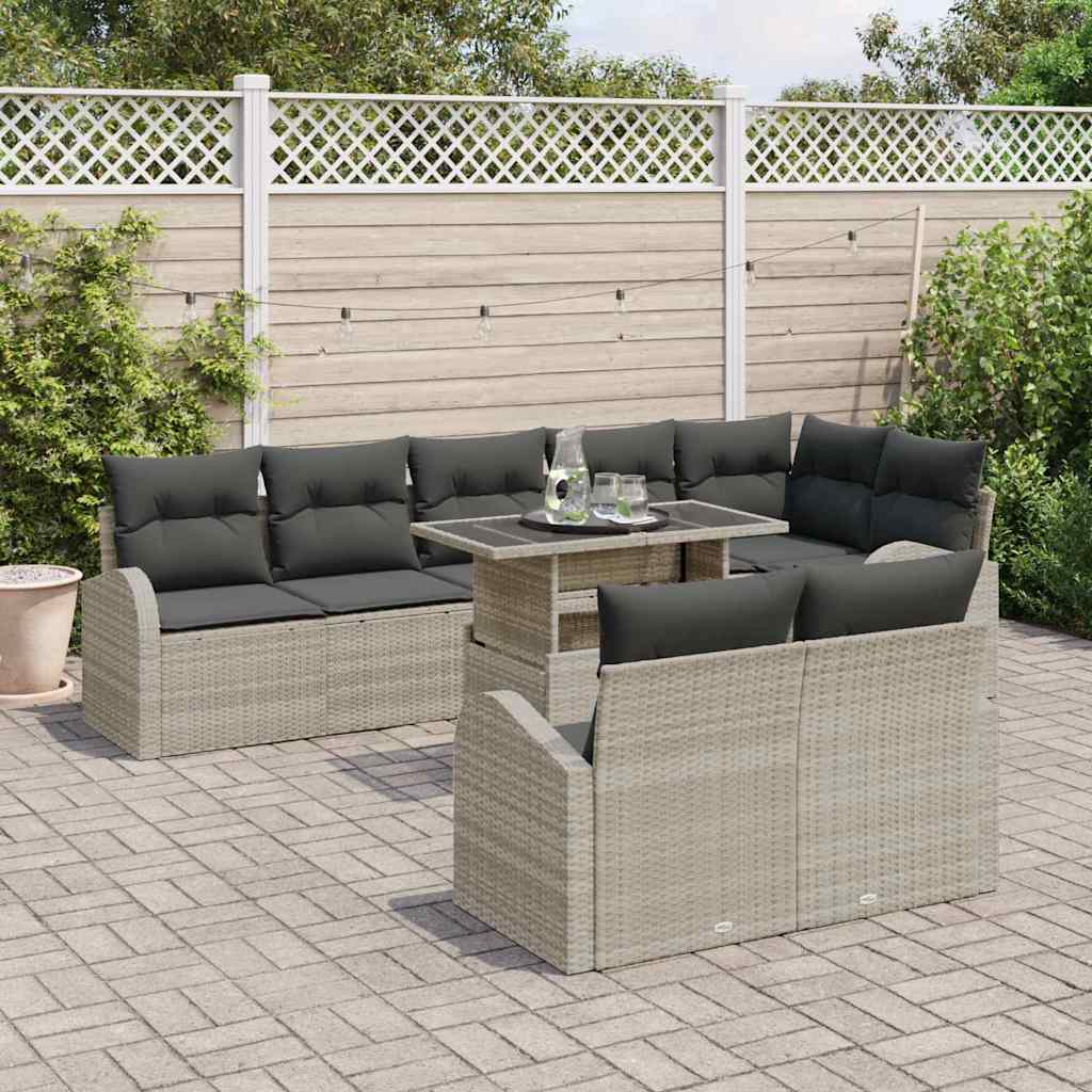 Gartensofa-set mit Speicher 9 pcs Hellgrau Poly-Rattan
