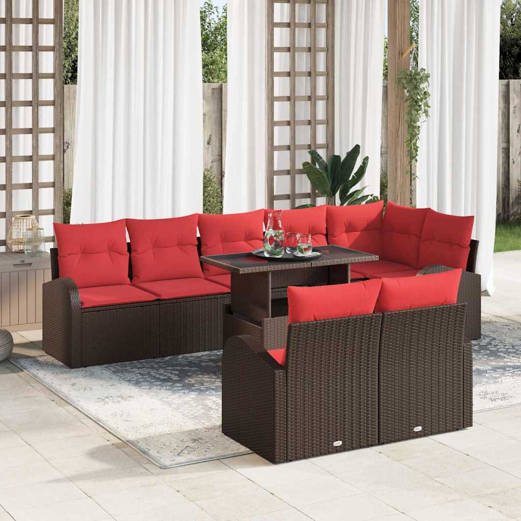 Gartensofa-set mit Speicher 9 pcs Braun und Rot Poly-Rattan