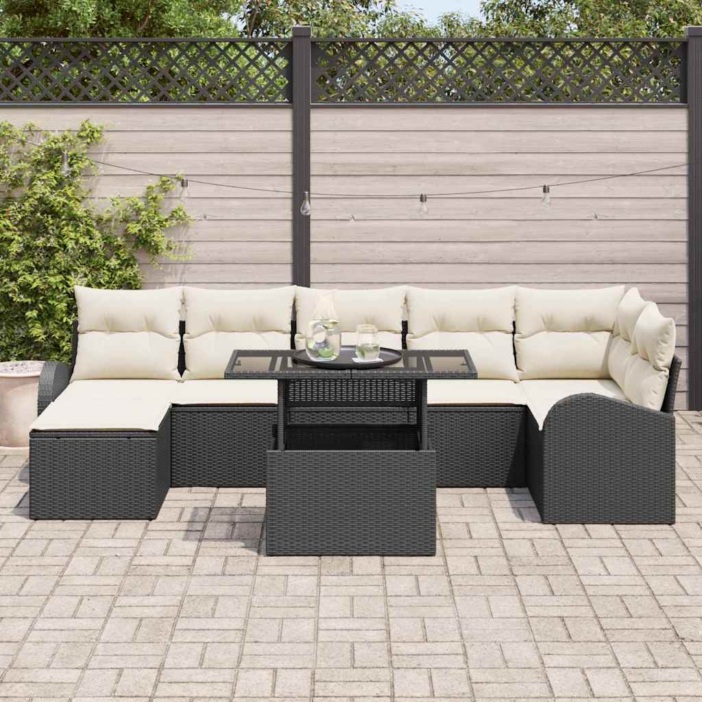 Gartensofa-set mit Speicher 8 pcs Schwarz und Creme Poly-Rattan