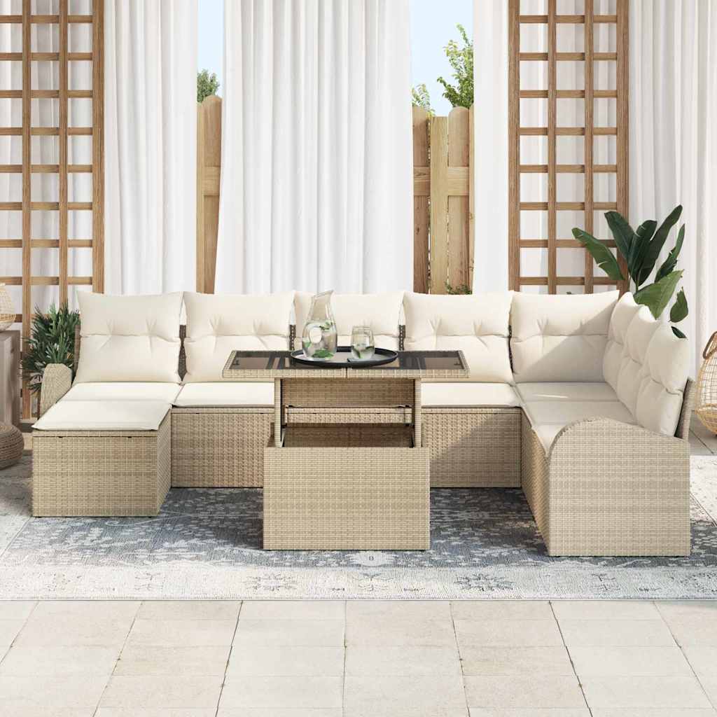 Gartensofa-set mit Speicher 9 pcs Beige und Creme Poly-Rattan