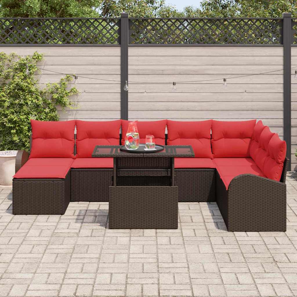 Gartensofa-set mit Speicher 9 pcs Braun und Rot Poly-Rattan
