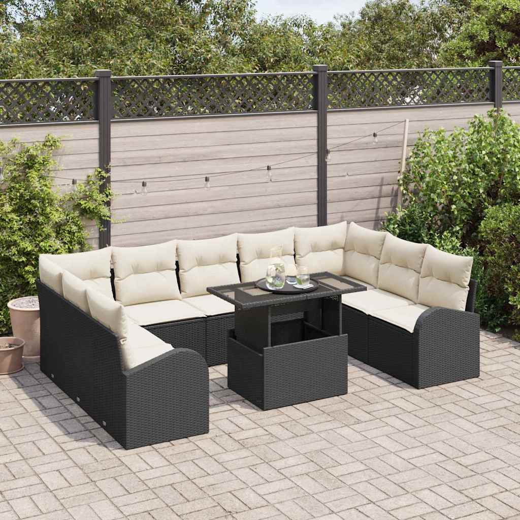 Gartensofa-set mit Kissen 10 pcs Schwarz und Creme Poly-Rattan