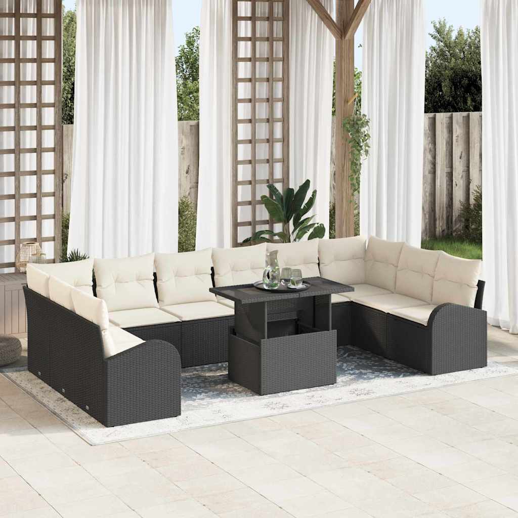 Garten-Sofa-Set mit Kissen 11 pcs Schwarz und Creme Poly-Rattan