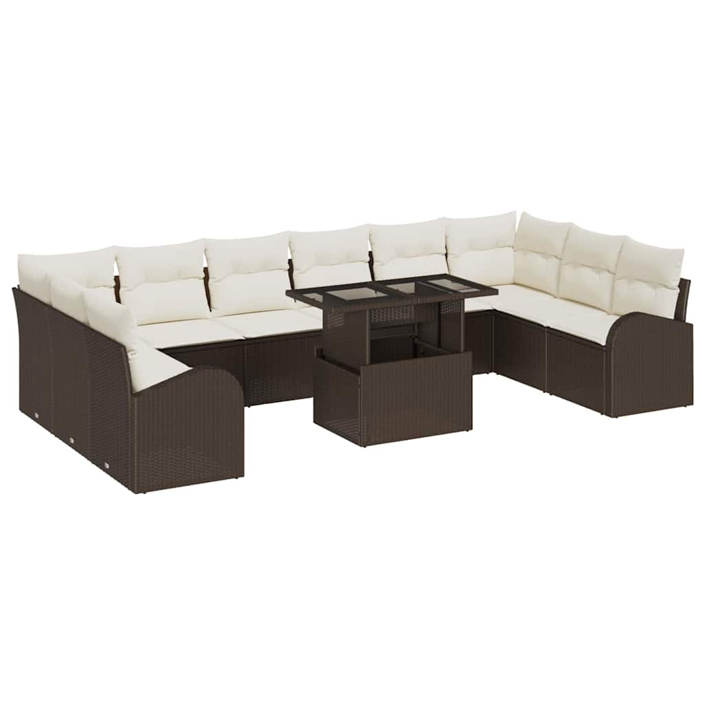 Gartensofa-set mit Speicher 11 pcs Braun und Creme Poly-Rattan