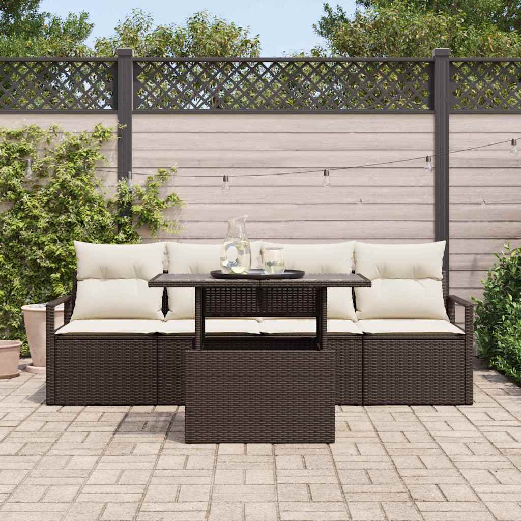 Gartensofa-set mit Speicher mit Kissen 5 pcs Braun Poly-Rattan