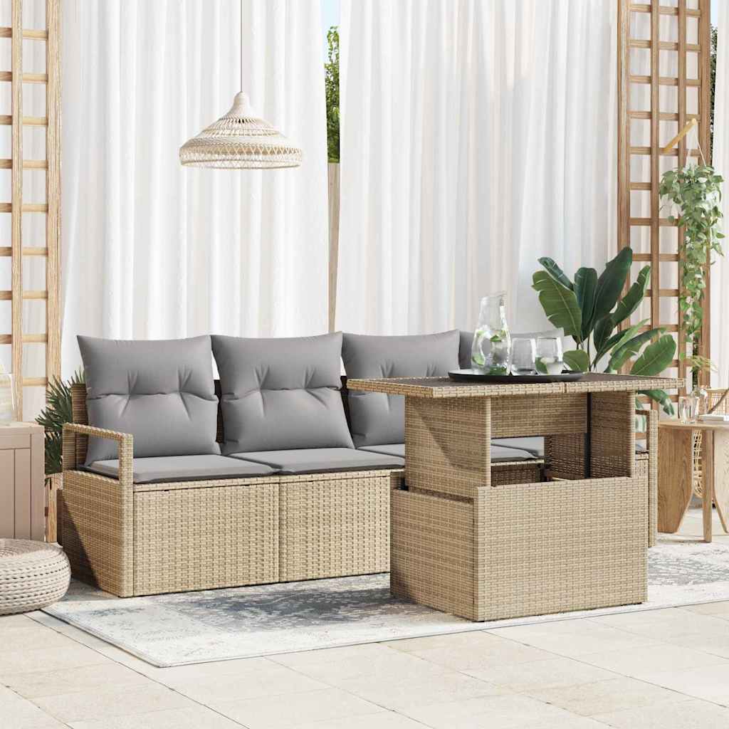 Gartensofa-set mit Speicher mit Kissen 5 pcs Beige Poly-Rattan