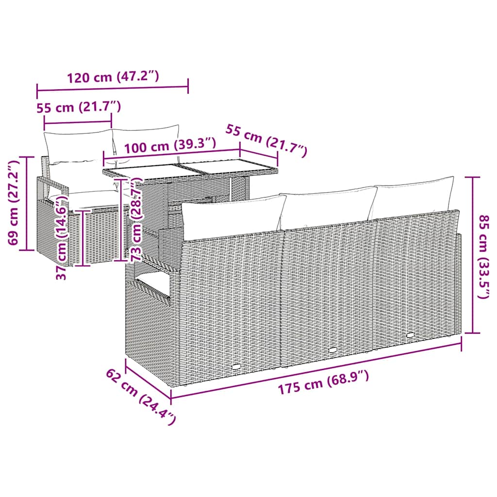 Gartensofa-set mit Speicher mit Kissen 6 pcs Grau Poly-Rattan