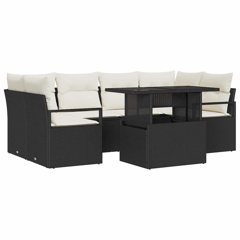 Gartensofa-set mit Speicher 7 pcs Schwarz Poly-Rattan
