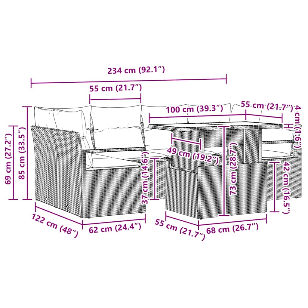 Gartensofa-set mit Speicher mit Kissen 7 pcs Braun Poly-Rattan