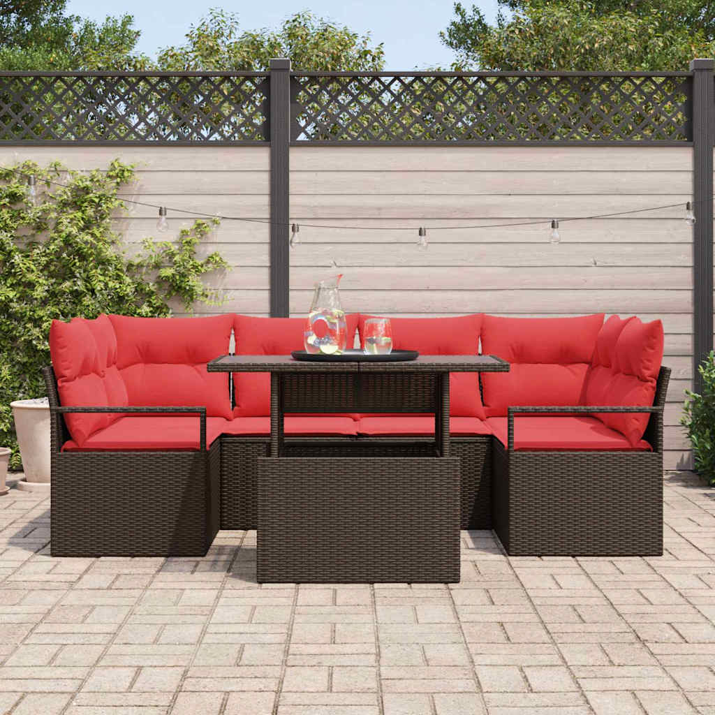 Garten-Sofa-Set mit Kissen 7 pcs Braun und Rot Poly-Rattan