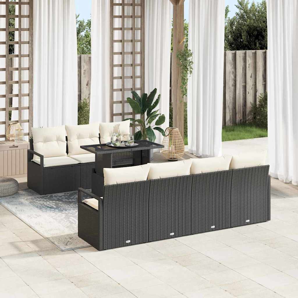 Gartensofa-set mit Speicher 8 pcs Schwarz und Creme Poly-Rattan