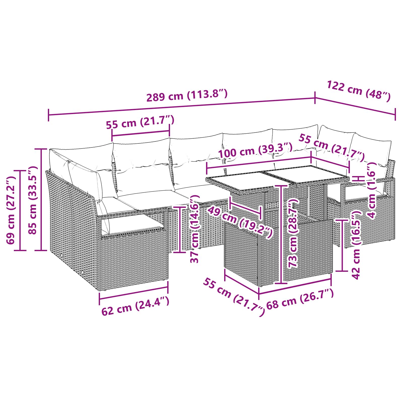 Garten-Sofa-Set mit Kissen 8 pcs Braun und Rot Poly-Rattan